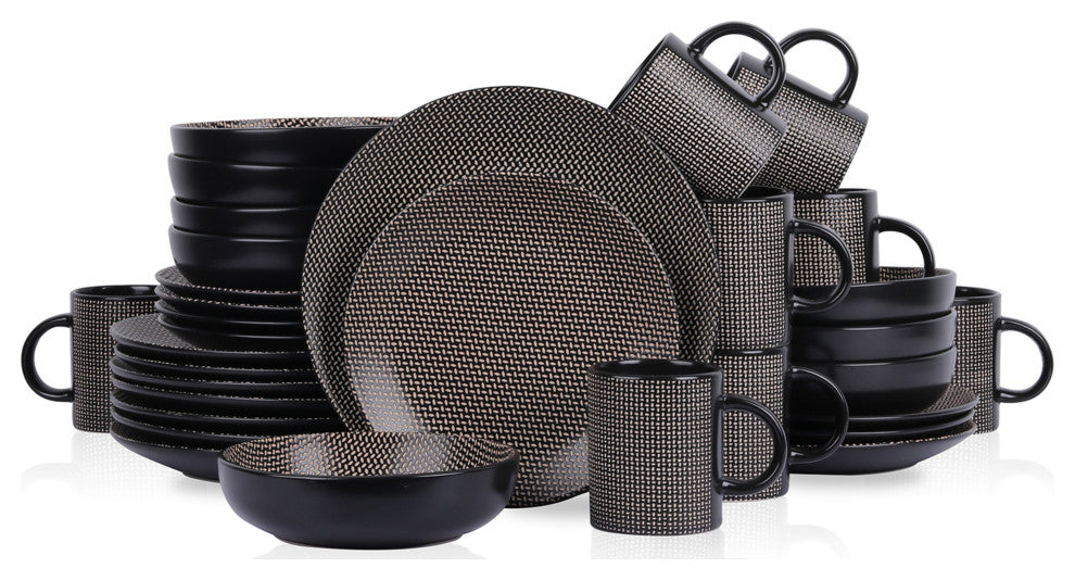 Stone Lain Daisy Stoneware 32 Piece Dinnerware Set, Brown and Black