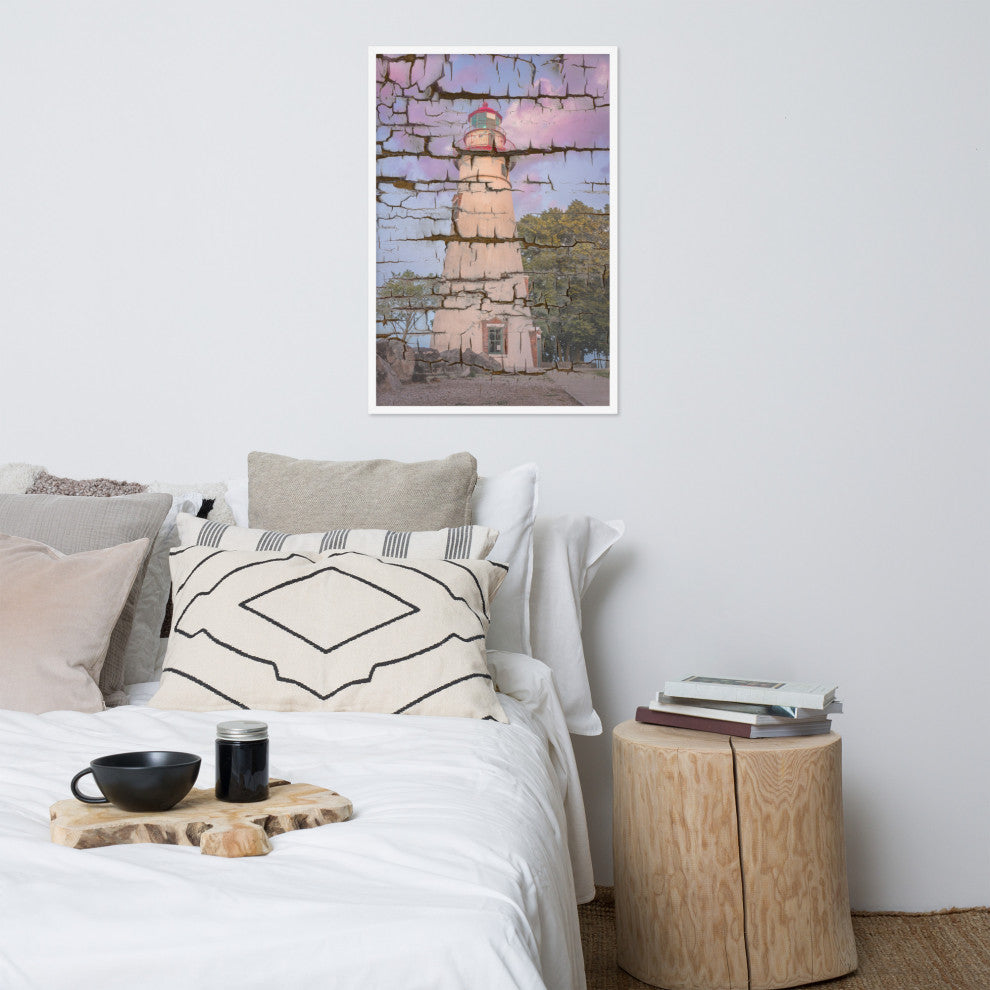 Faux Wood Texture Marblehead Lighthouse at Sunset Framed Photo Wall Art Print, White, 24" X 36"
