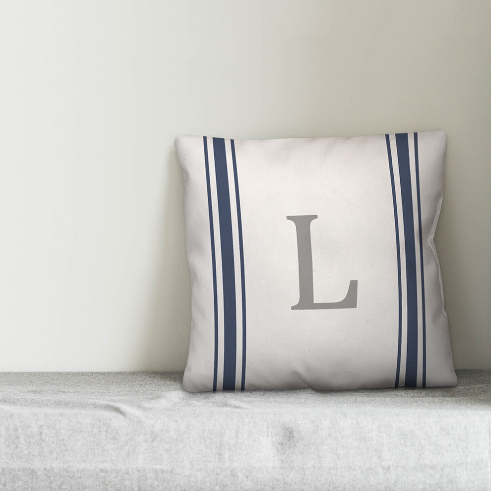 Blue Farmhouse Stripe Monogram - L 18x18 Spun Poly Pillow