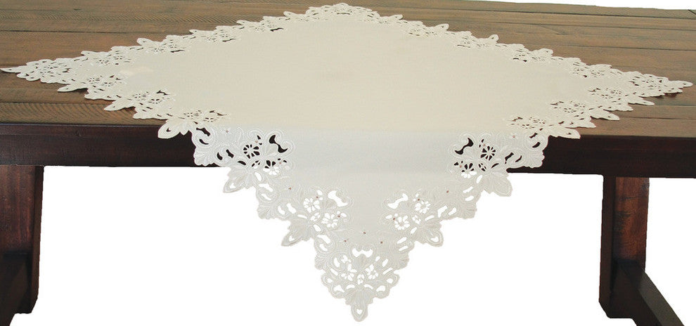 Victorian Lace Embroidered Cutwork Table Topper, 34"x34", Ivory