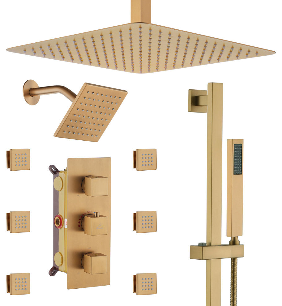 16inch Deluxe Showerhead Dual Shower Head System With Slide Bar and 6 Body Jets, Brushed Gold