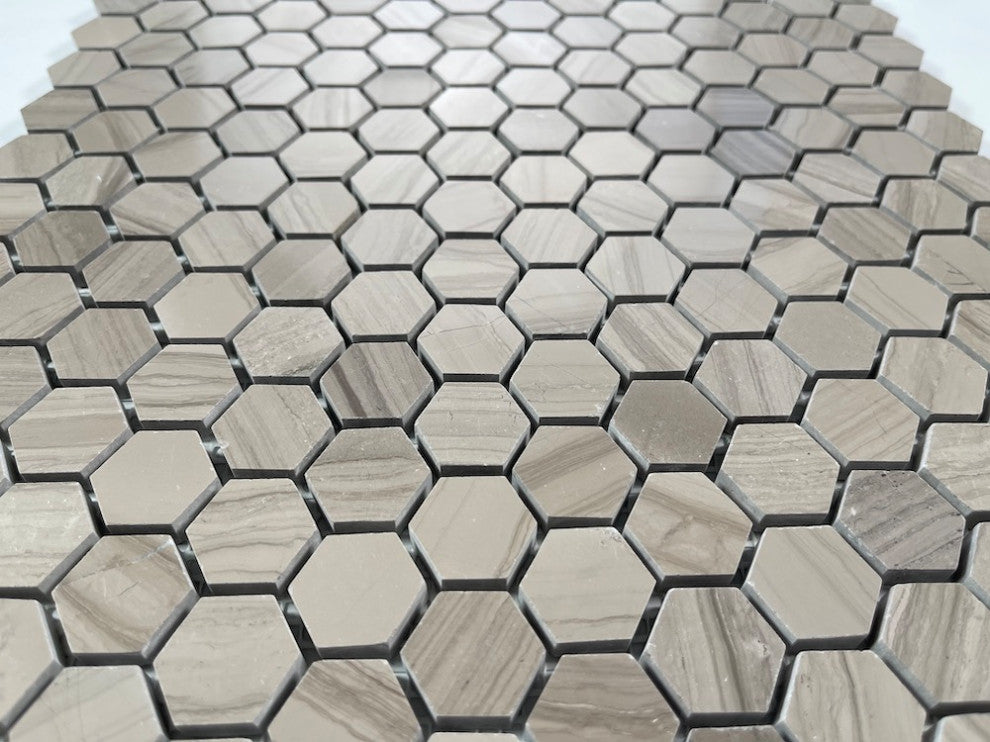 1" Hexagon Athens Grey Marble Tile Haisa Dark Mosaic Polished, 1 sheet
