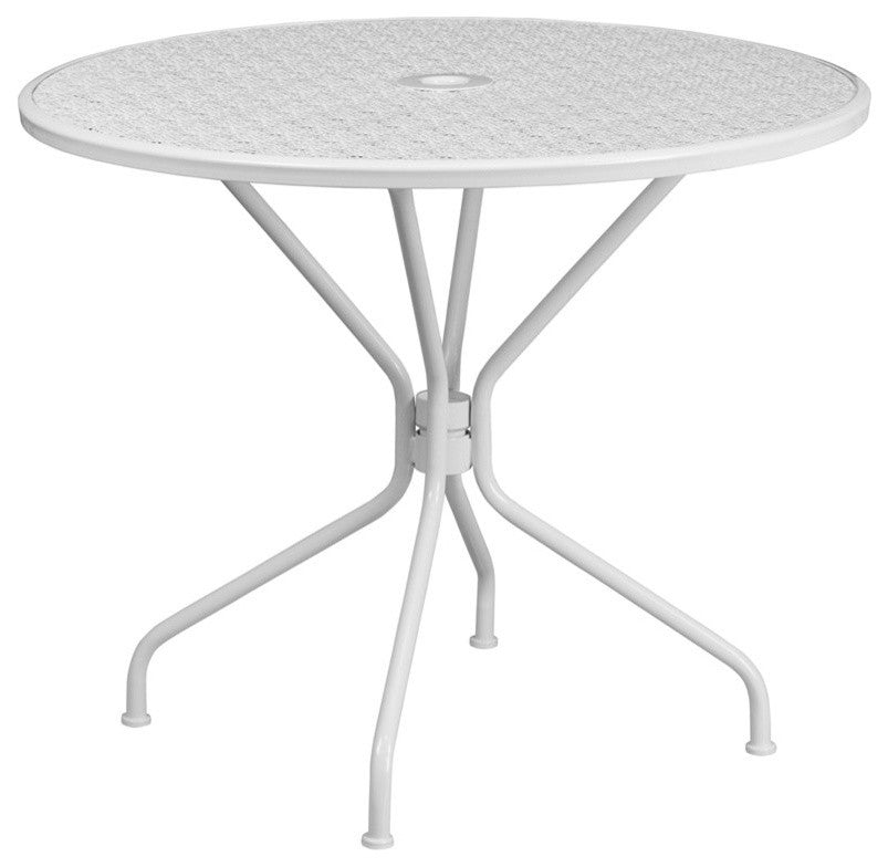 35.25" Round White Indoor-Outdoor Steel Patio Table Set with 4 Round Back Chairs