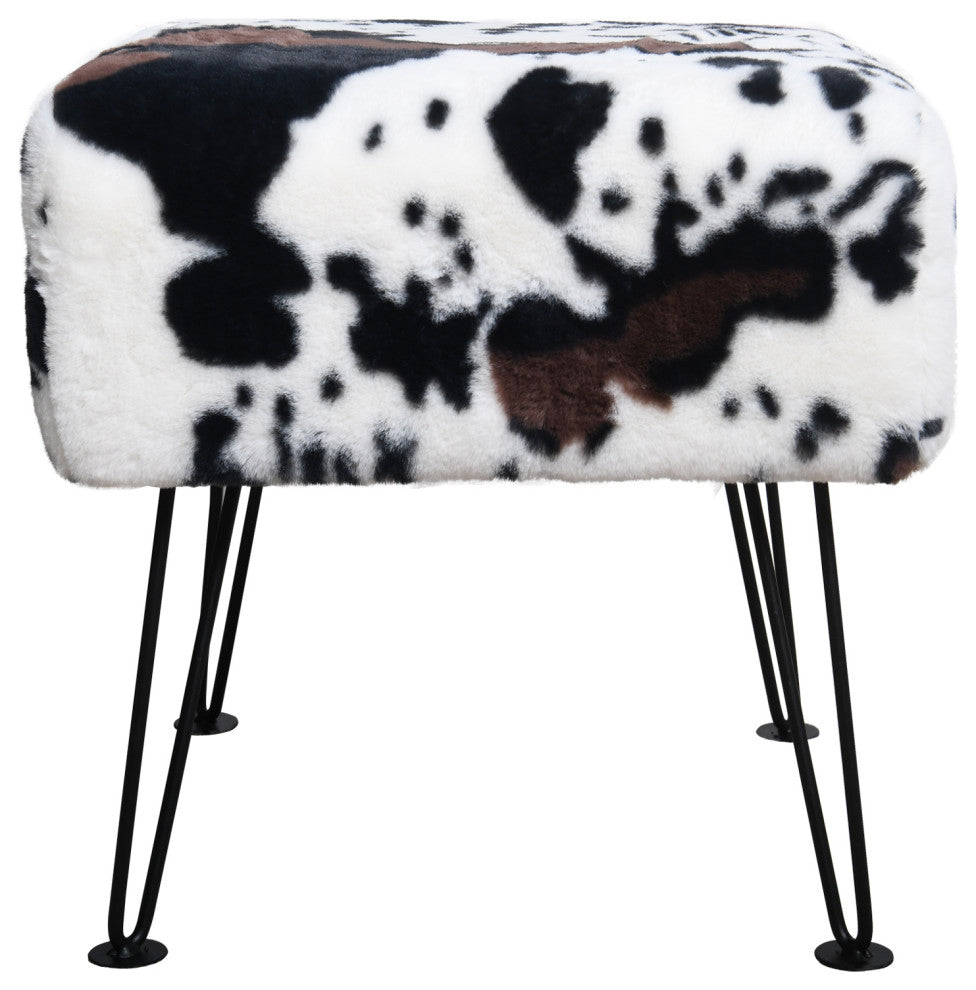 Animal Faux Fur Ottoman, Cows Flowers, 17x17x17