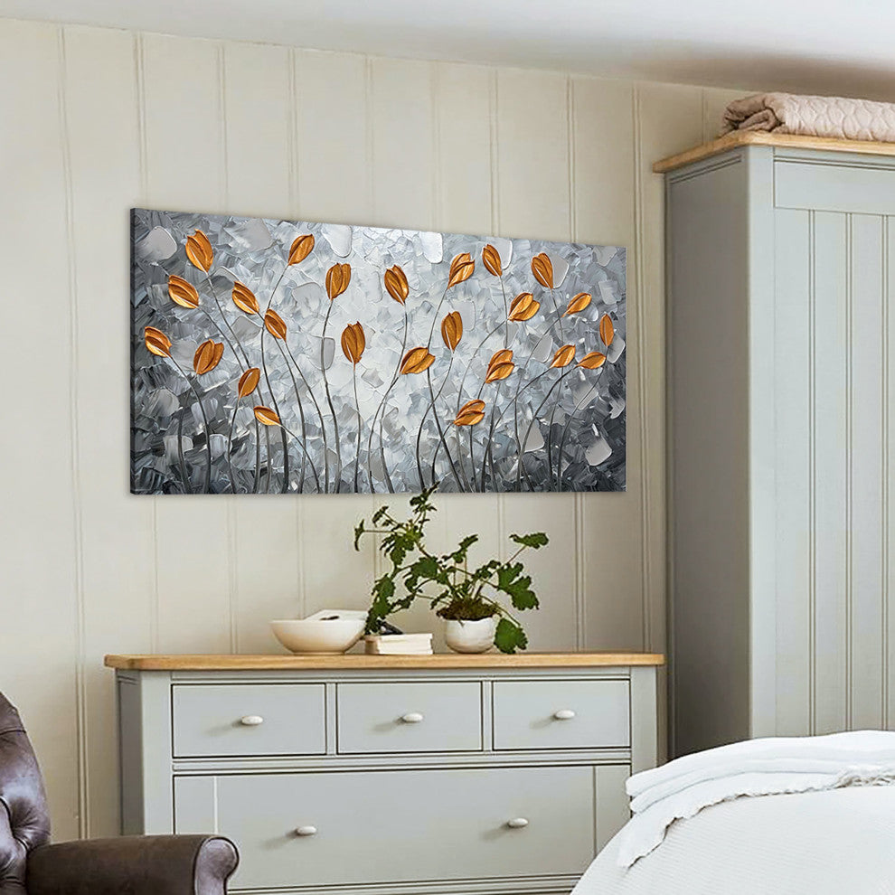 Golden Leaves on Textured Grey Hand-Painted Canvas Art