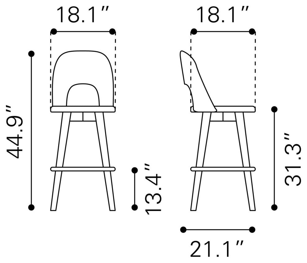 Bar Stool Chair Barstool, Set of 2, Fabric, Wood, Walnut, Gray, Cafe