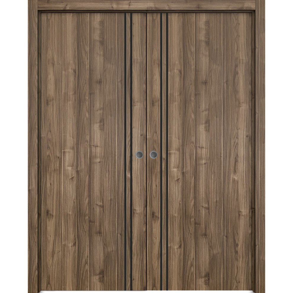 French Double Pocket Doors 36 x 80 | Planum 0016 Walnut with  | Kit Trims Rail