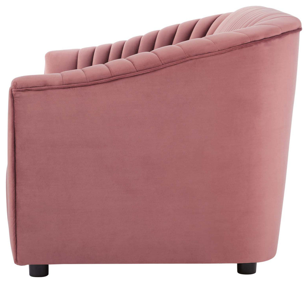 Tufted Loveseat Sofa, Pink, Velvet, Modern, Mid Century Hotel Lounge Cafe Lobby