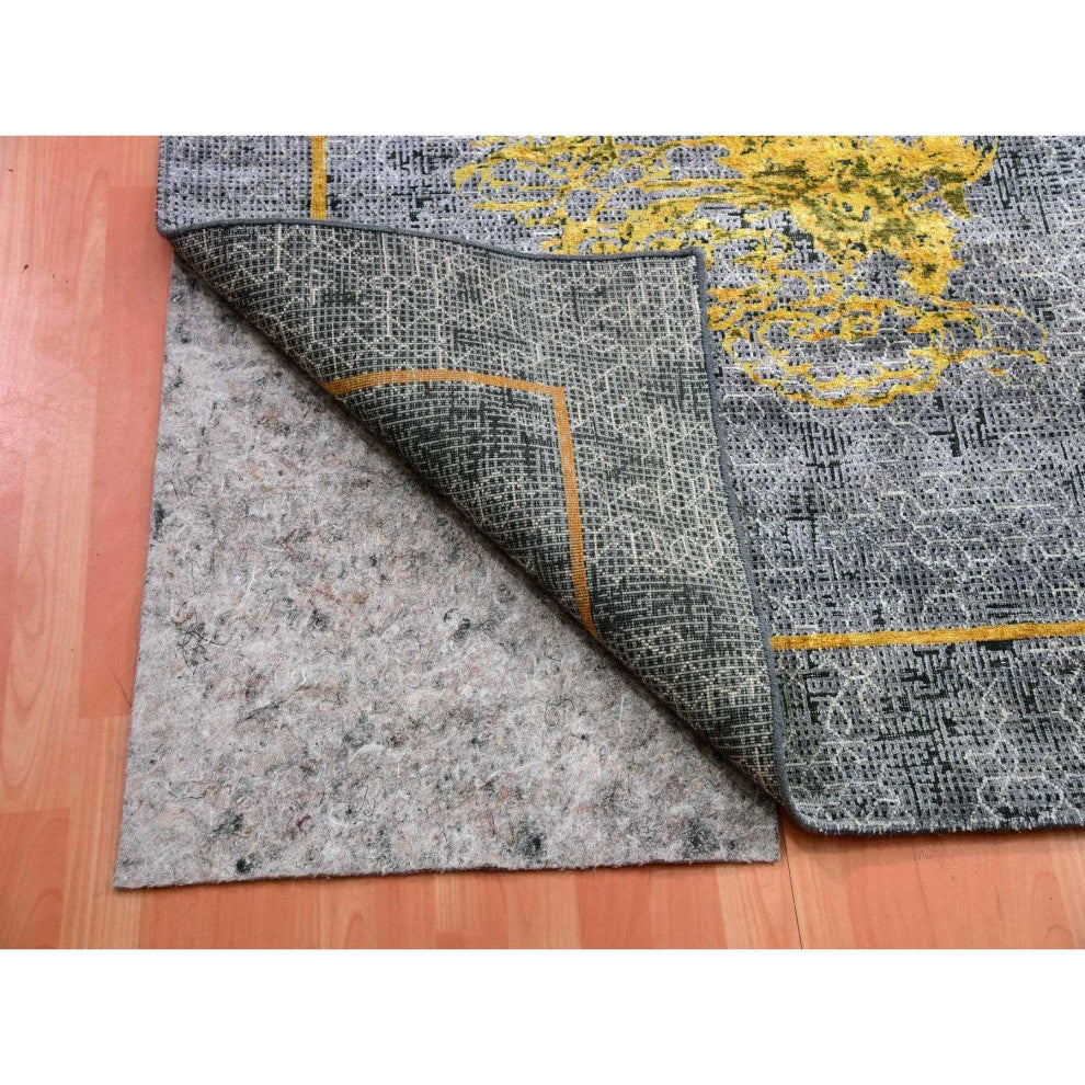 Gray Golden Dragons Chinese Inspired Wool  and Silk Hand Knotted Rug 8'x10'3"