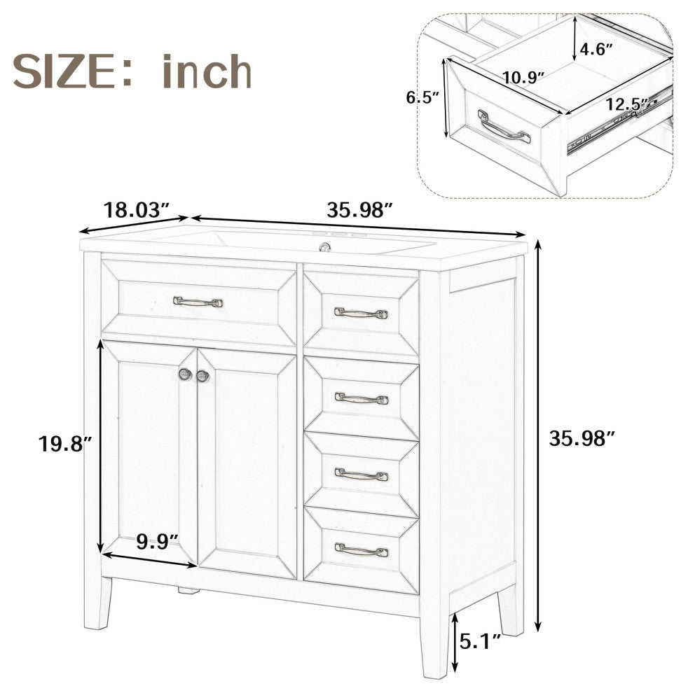 36 in. Freestanding Bathroom Vanity Set with Ceramic Integrated Single Sink, Grey