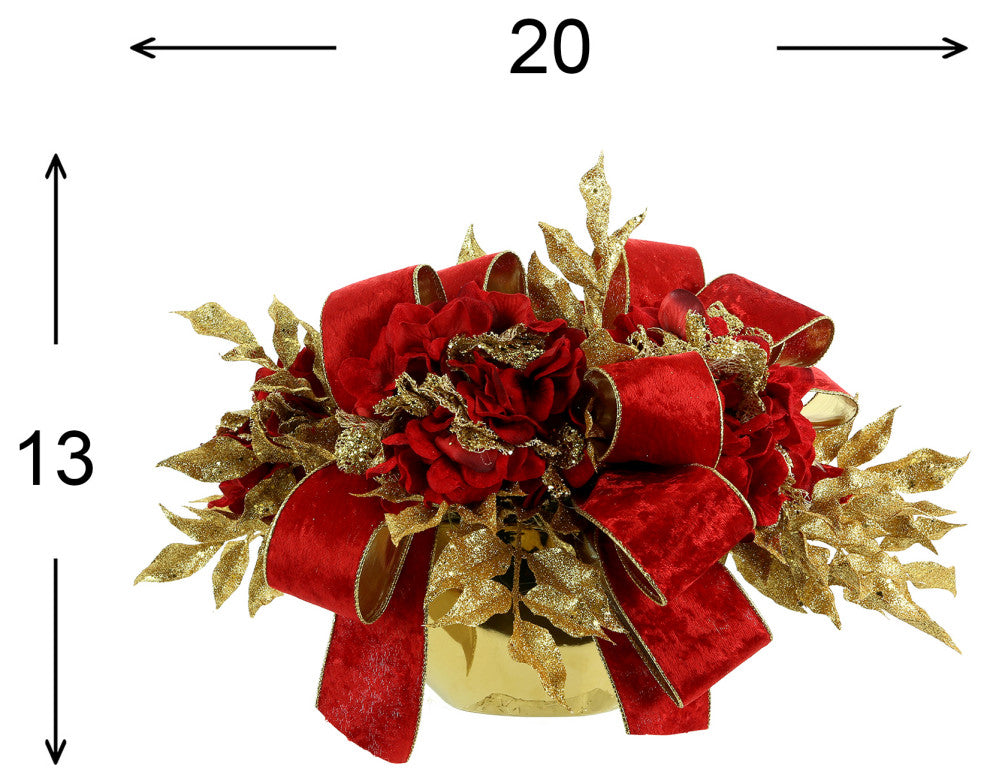 Hydrangea Holiday Arrangement with Bows in a Ceramic Container