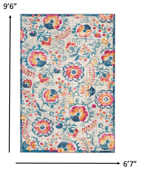 7' X 10' Ivory Floral Dhurrie Area Rug