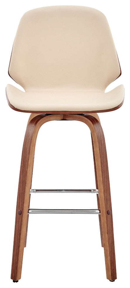 26" Cream Faux Leather Swivel Seat Wooden Bar Stool