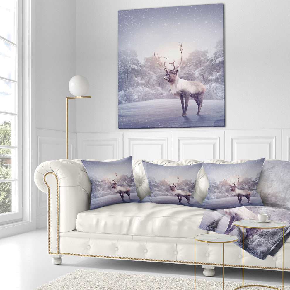Huge Reindeer Standing in Snow Animal Throw Pillow, 18"x18"