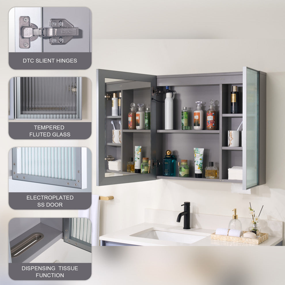Solid Wood Bathroom Medicine Cabinet With Lights, Defogger, Grey, 30"x28"