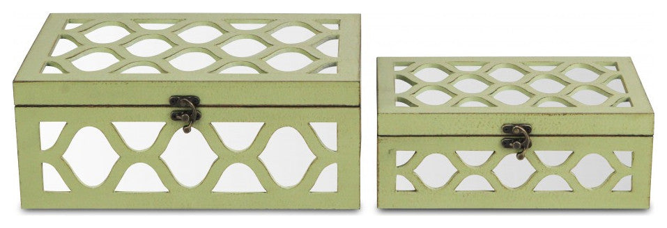 Set of Green Quatrefoil Mirror Jewelry Storage Boxes