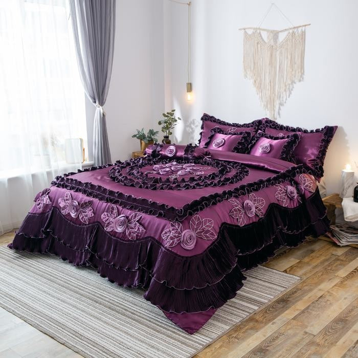 Purple Midnight Bloom Faux Satin Ruffle Comforter Set, Cal King