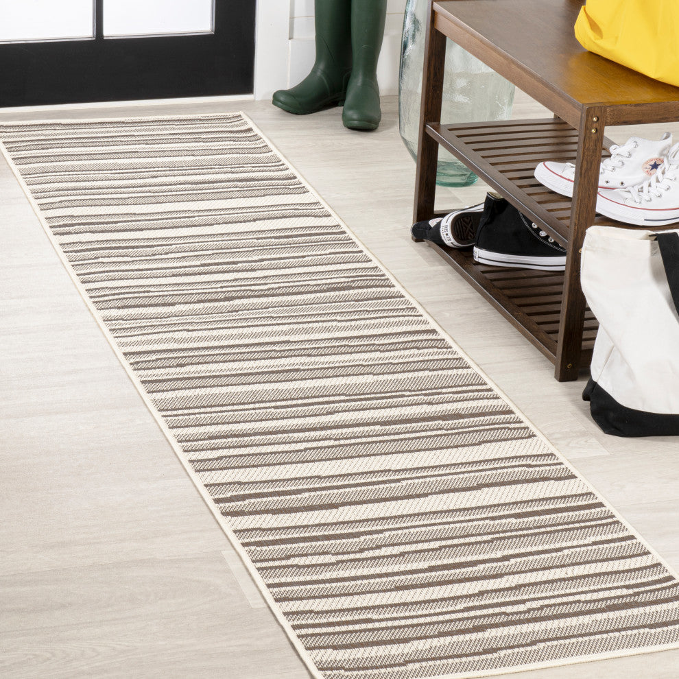 Castara Wavy Stripe Modern Indoor/Outdoor Area Rug, Cream/Dark Gray, 2x8