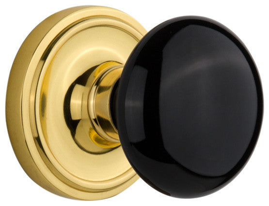 Classic Rosette Privacy Black Porcelain Knob, Polished Brass