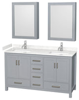 60"DBL Vanity Gray, Carrara Cult. Marble Countertop, Sinks, Med. Cabinets