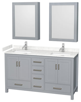 60"DBL Vanity Gray, Carrara Cult. Marble Countertop, Sinks, Med. Cabinets