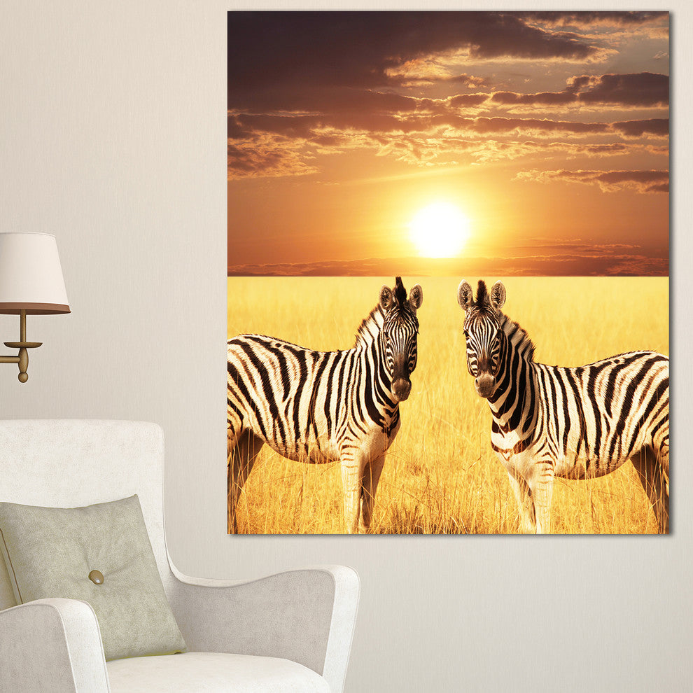 Pair of Zebras in Field At Sunset, African Canvas Art Print, 30"x40"