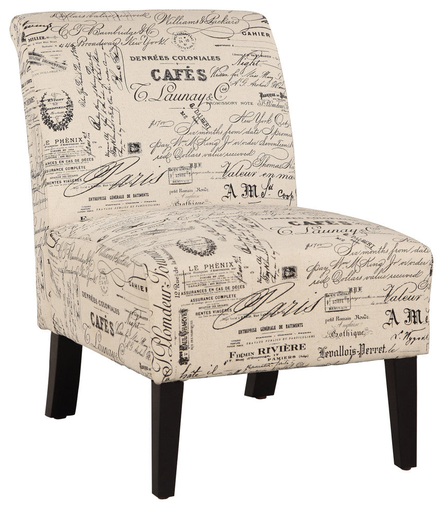 Benzara Wooden Slipper Chair with Script Pattern Upholstery, Brown and Cream