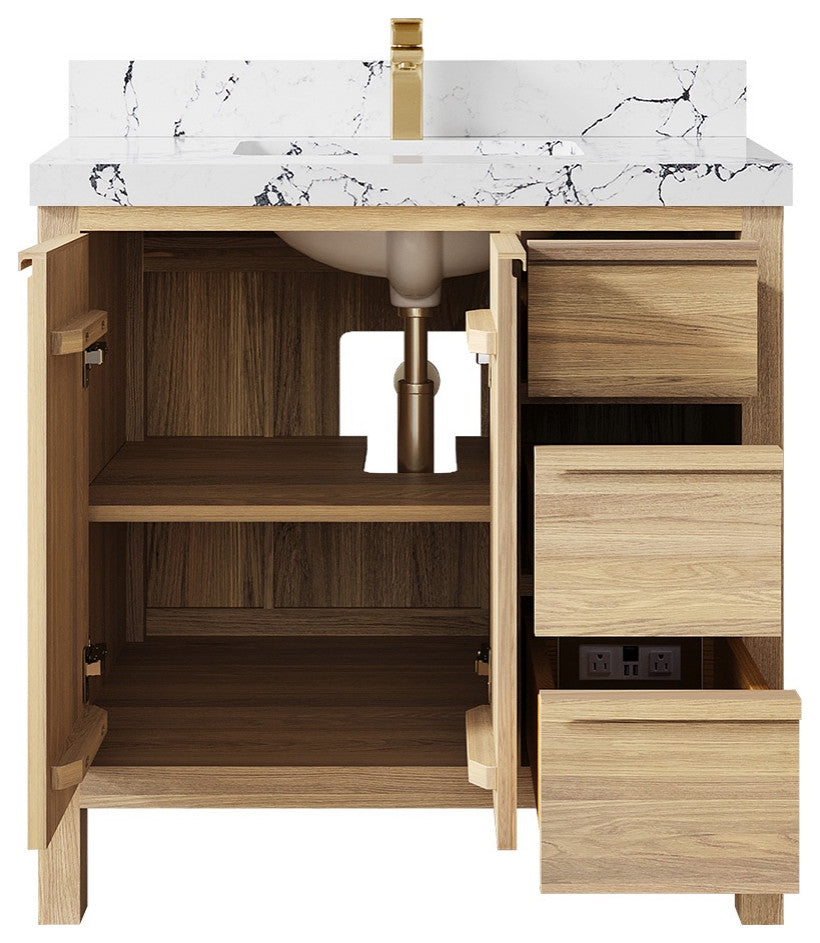 Elizabeth Oak 36" Center Sink Vanity, White 2" Viola Night