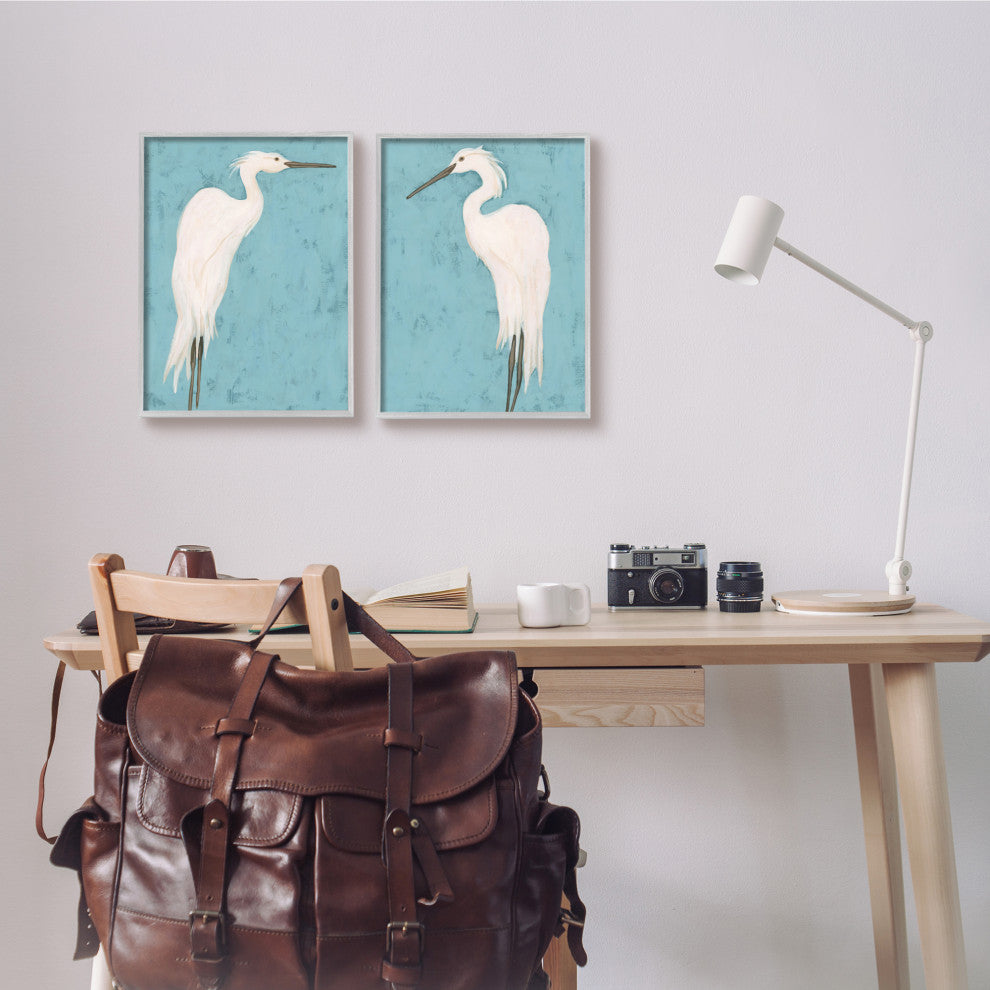 Nautical Heron Casual Coastal Bird Distressed Blue Painting, 2pc, each 11 x 14