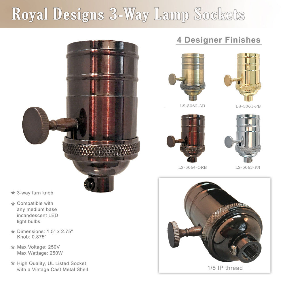 Royal Designs, Inc. 3 Way Vintage Lamp Socket, Oil Rubbed Bronze, Set of 2, Set