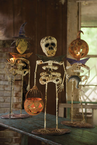 3-Piece Rustic Halloween Standing Figurines Set, Metal Skeletons