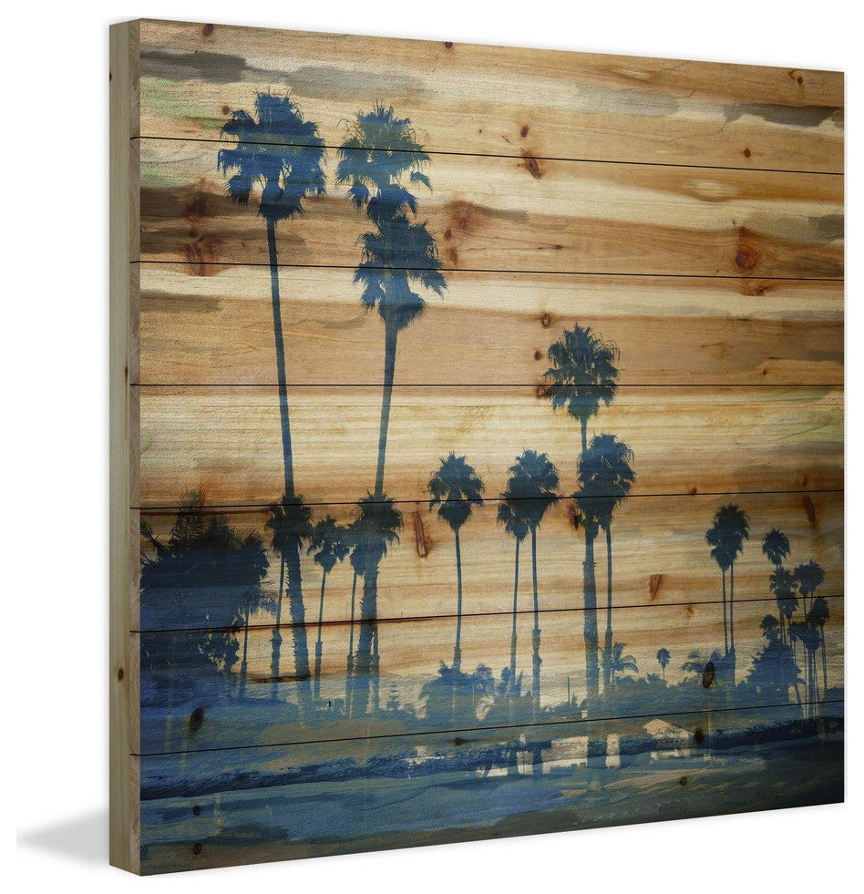 "Blue Palms" Print on Natural Pine Wood, 24"x24"