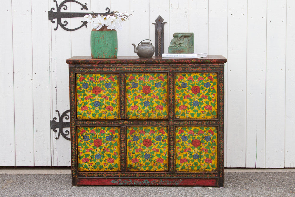 Antique Painted Floral Tibetan Cabinet
