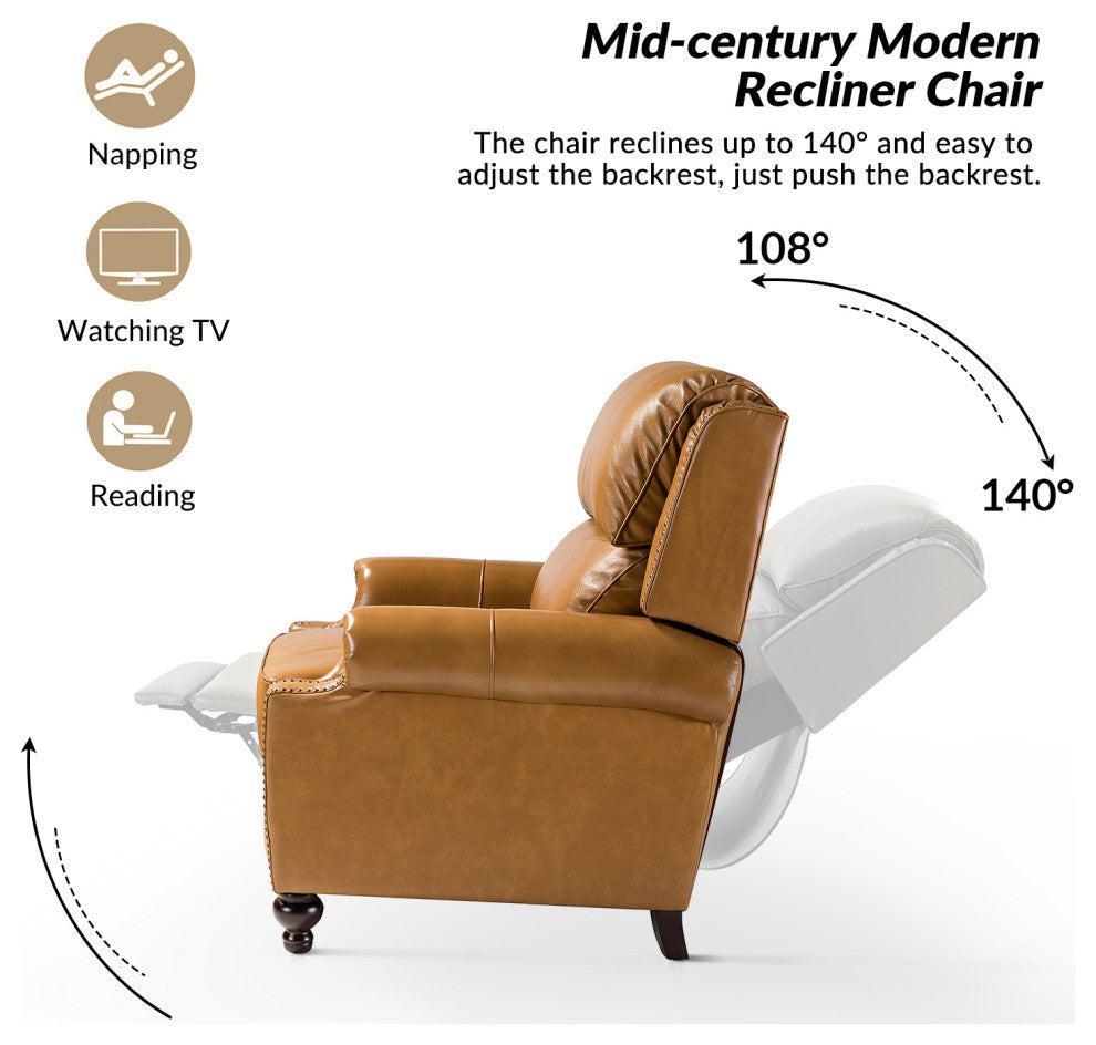 Genuine Leather Cigar Recliner With Nail Head Trim, Camel