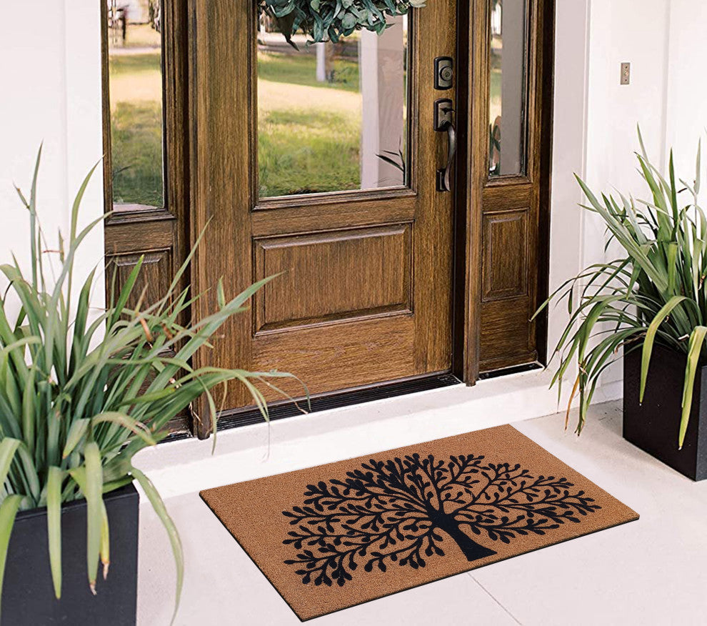 A1HC Natural Coir, Tree of life, Flock Doormat, 24"x39"