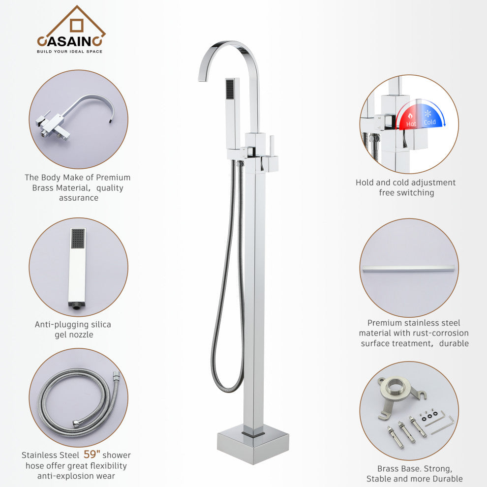 Floor Mount Bathtub Faucet with Hand Shower, Chrome