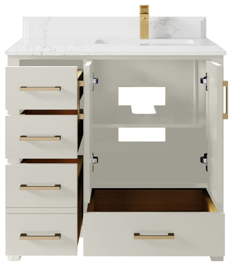 Malibu 36" Right Offset Bath Vanity in Fine Grain 1.5" Empira Quartz