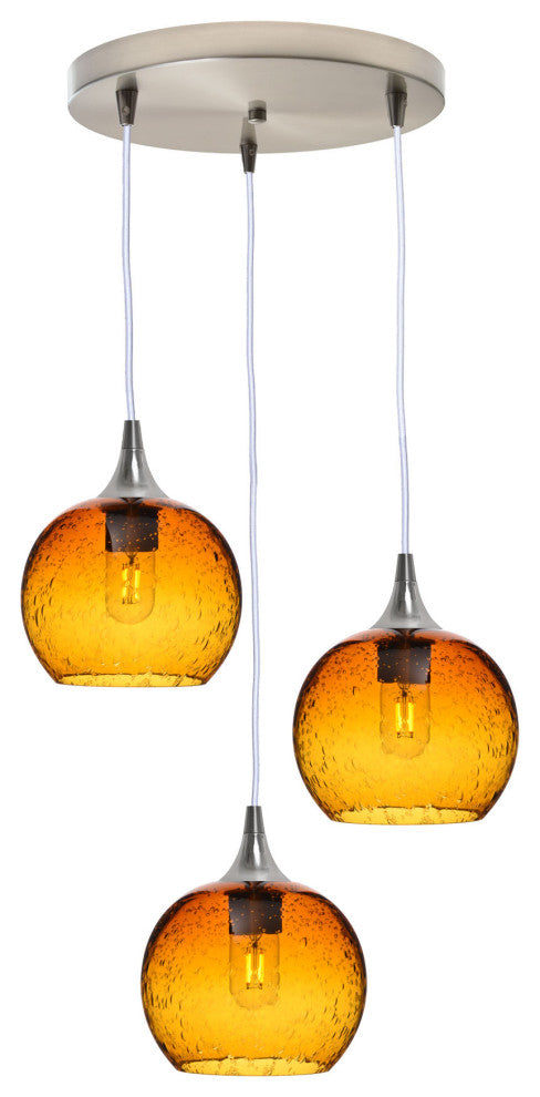 3 Pendant Cascade Chandelier, Golden Amber, Brushed Nickel, 4 Watt