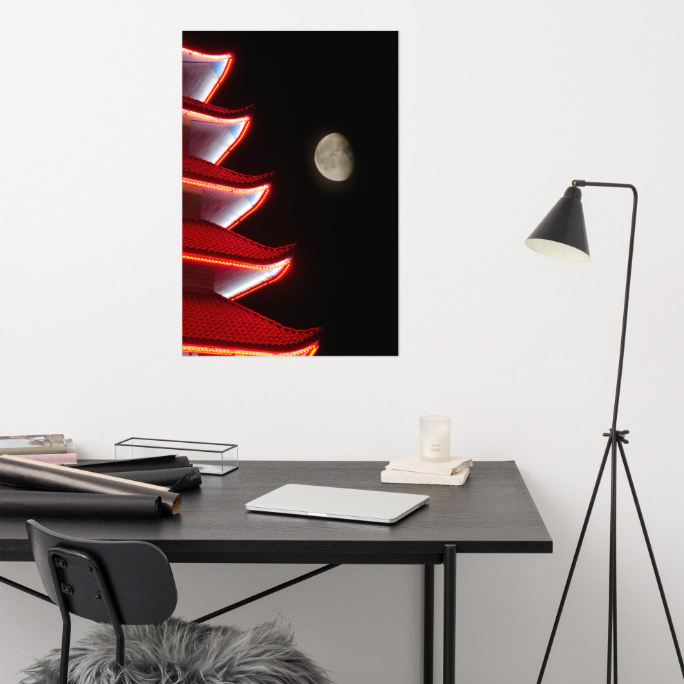 Moon Over Pagoda 1 Night Urban Photograph Unframed Wall Art Print, 24" X 36"