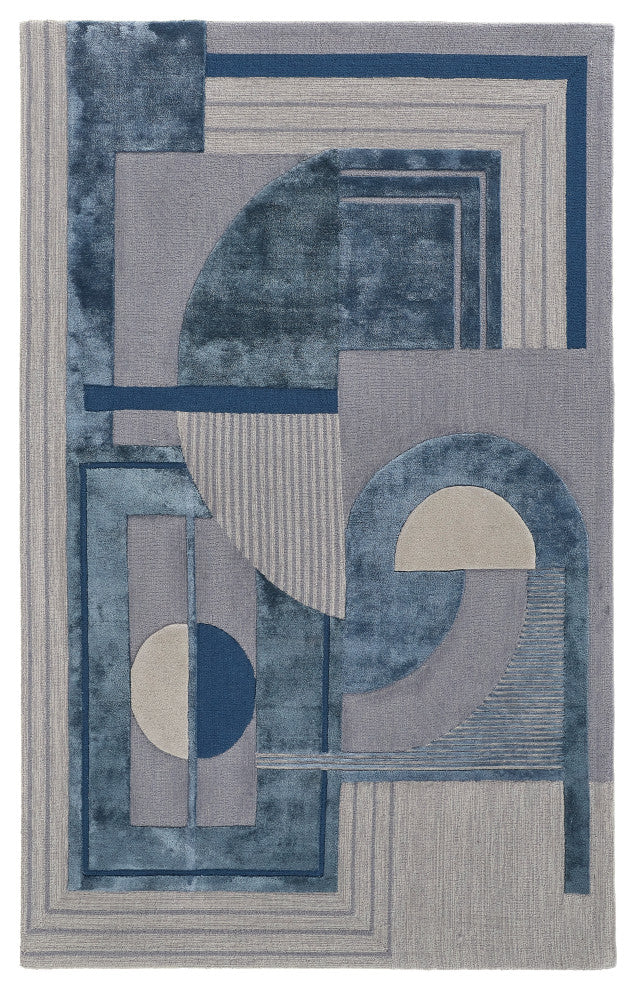Weave & Wander Cutlor Art Deco Wool Rug, Aegean Blue/Gray/Ivory, 9ft x 12ft Rug