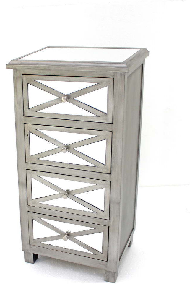 HomeRoots 13" x 19" x 39" Silver, 4 Drawer, Mirrored - Chest