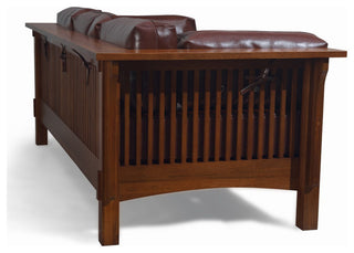 Mission Crofter Style Sofa Solid Quarter Sawn White Oak and Leather Cushions, Chestnut Leather