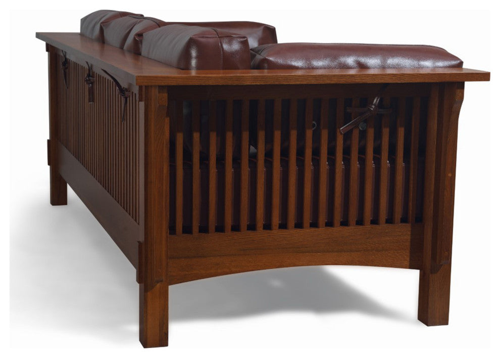 Mission Crofter Style Sofa Solid Quarter Sawn White Oak and Leather Cushions, Chestnut Leather