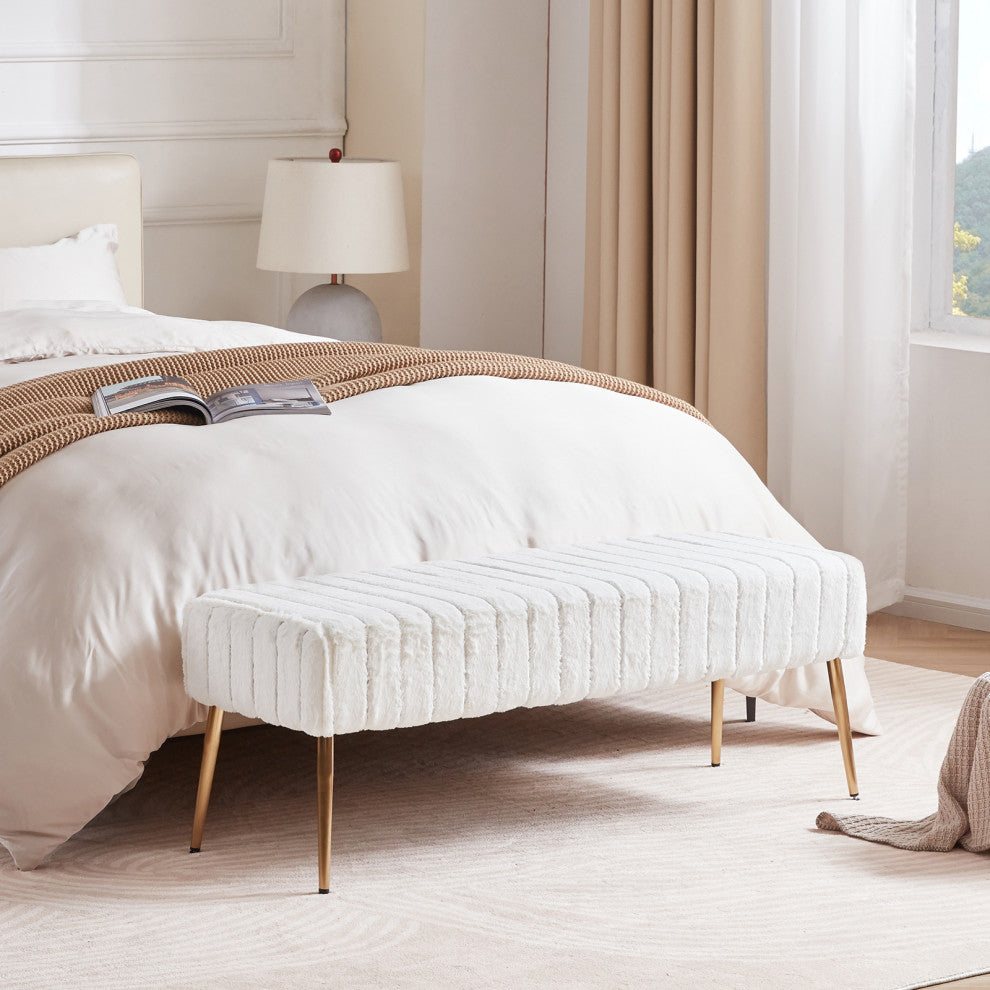 Channel Quilted Faux Fur Bedroom Bench, White