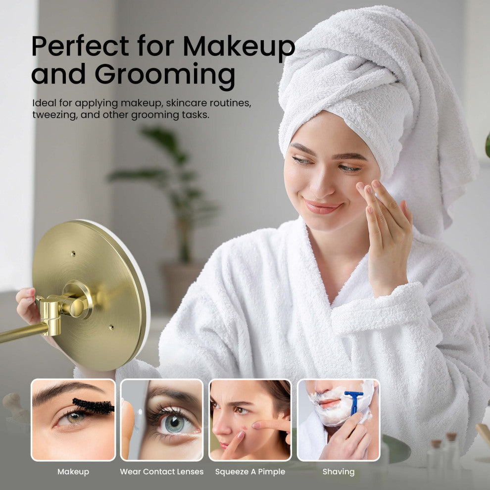 Circular LED Wall Mount One Side 5x Magnifying Make Up Mirror, Brushed Gold