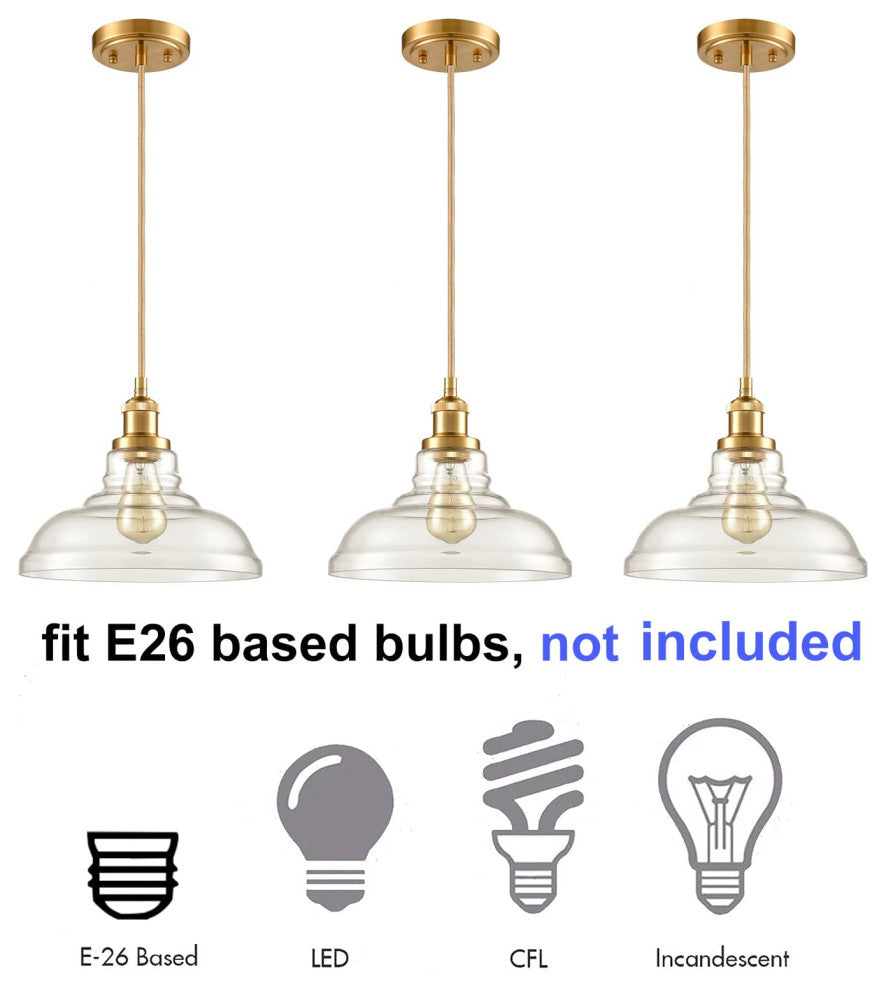 3 Pack Industrial Clear Glass Pendant Lights, Brass