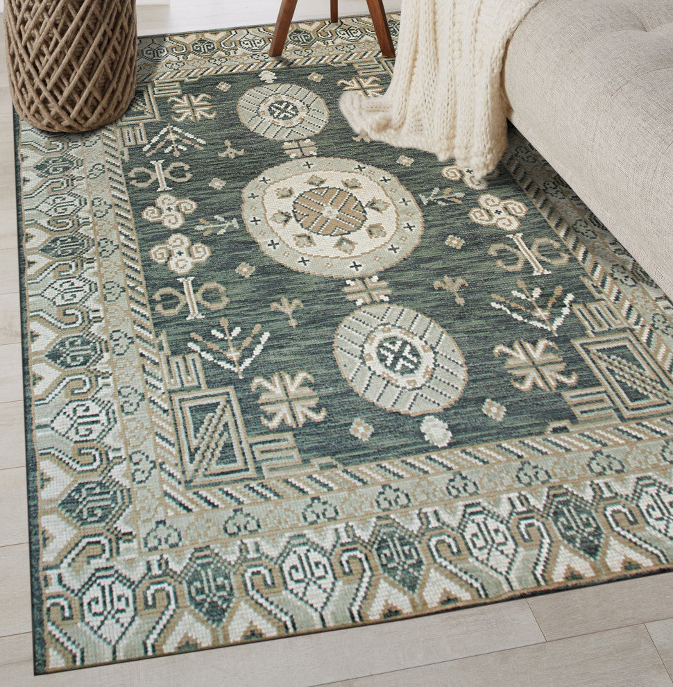 Hand Knotted Wool Green Traditional Oriental Khotan Rug, 8'x10'