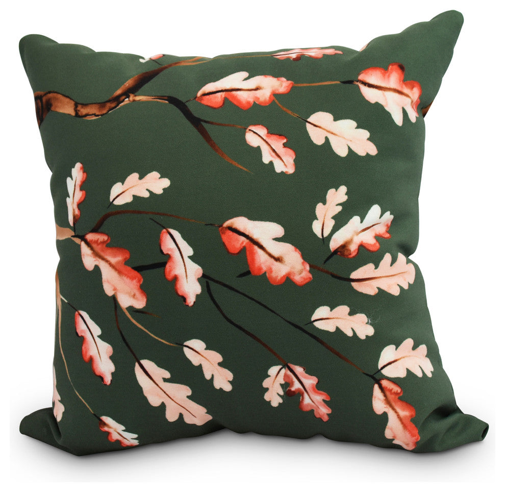 Wild Oak Branch Dark Green Floral Print Outdoor Decorative Throw Pillow, 20"