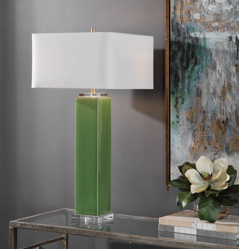 Lush Green Square Cylinder Column Table Lamp, Ceramic Organic Tropical White