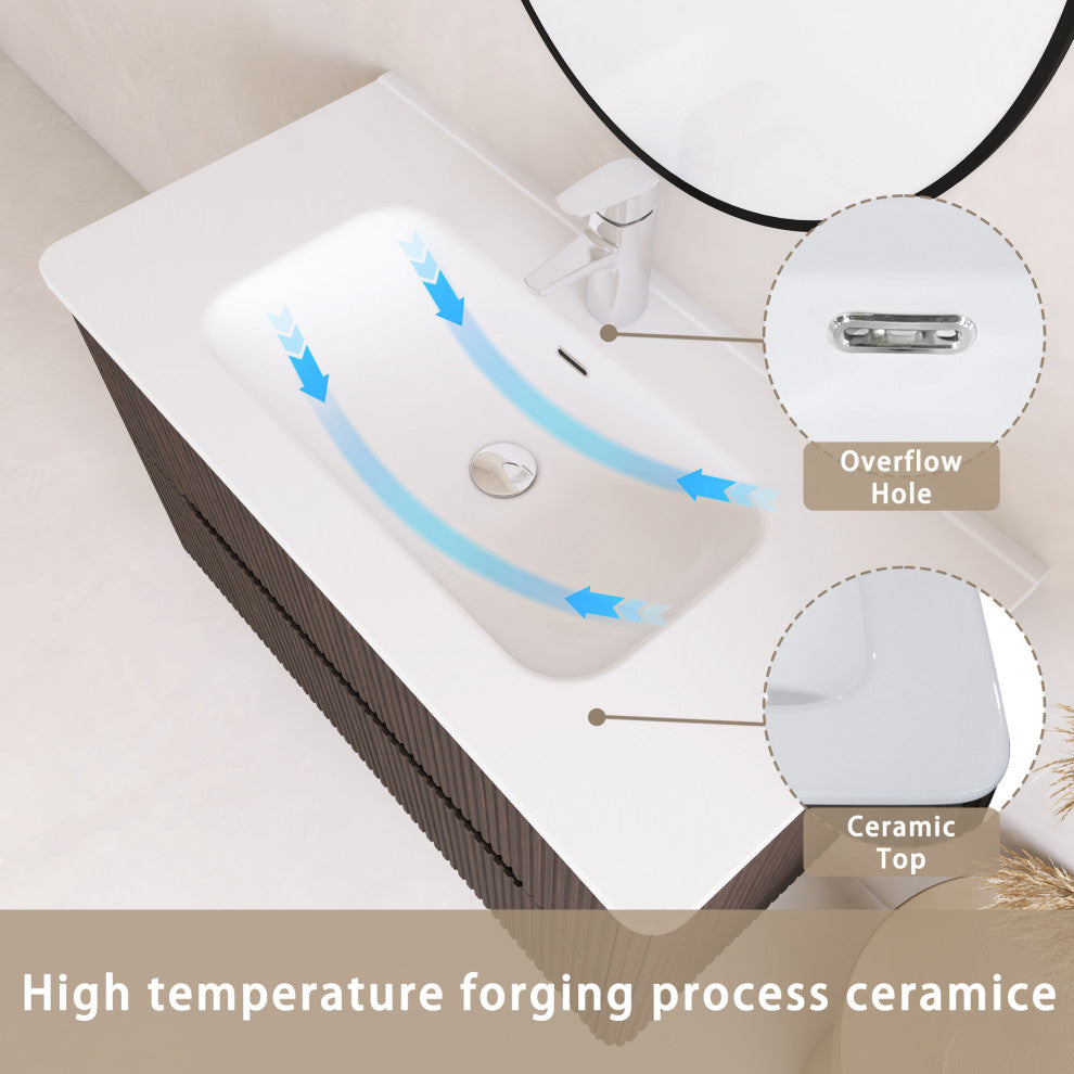 36 inch MDF Wall-Mounted Bathroom Vanity Set with Ceramic Integrated Sink, Dark Brown